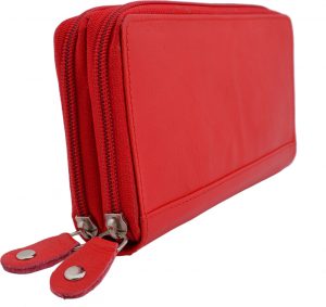 Damenbörse mit doppeltem Reißverschluss Leder rot